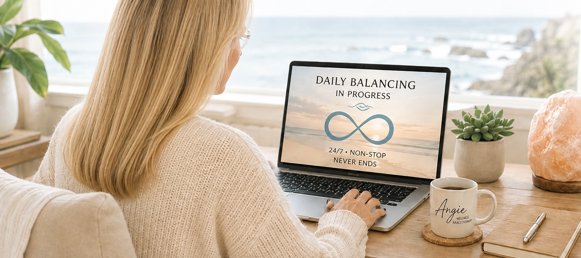Angie providing daily balancing from her coastal workspace