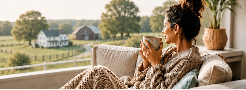 A woman relaxing at home and receiving remote support while looking over a peaceful farm