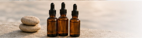 Amber remedy bottles and smooth stones