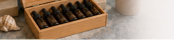 A wooden box holding several amber remedies