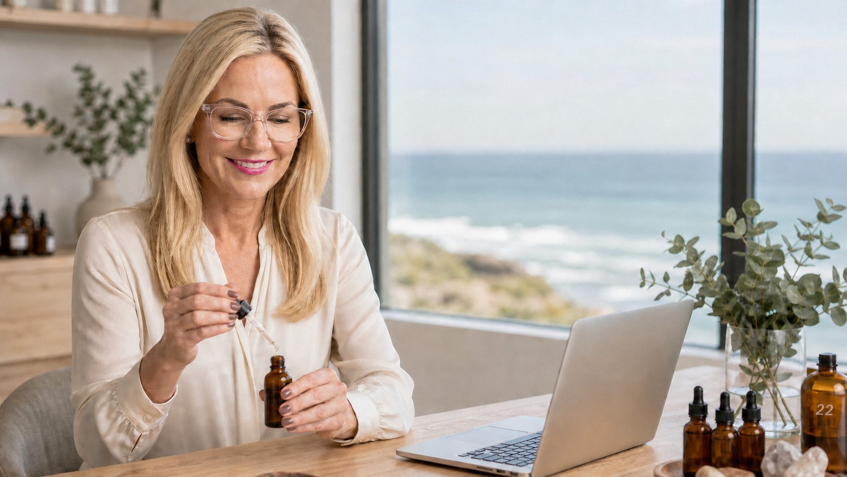 Angie working remotely from her coastal office